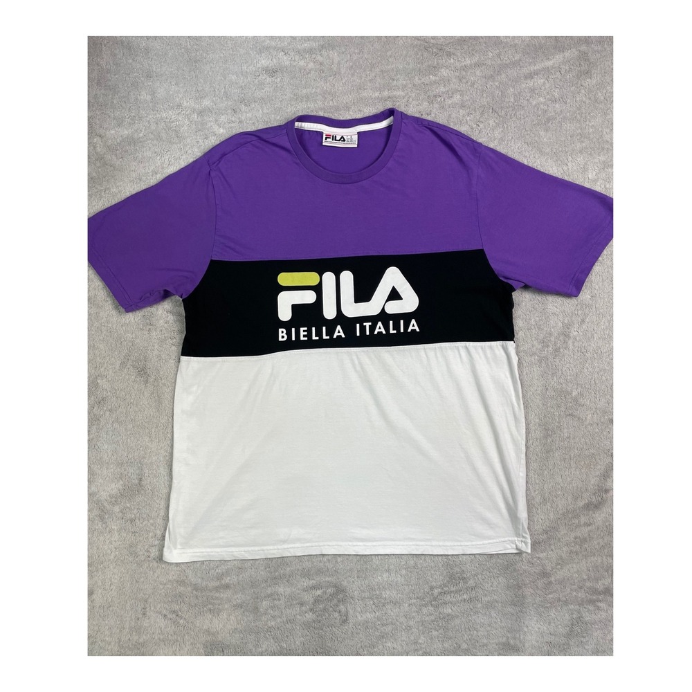 FILA Biella Italia T Shirt Mens XXL Purple Black White Colorblock Graphic Tee